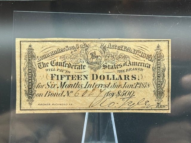 1877 $15 Richmond CSA Bank Note Bond Coupon - Curators Corner LLC