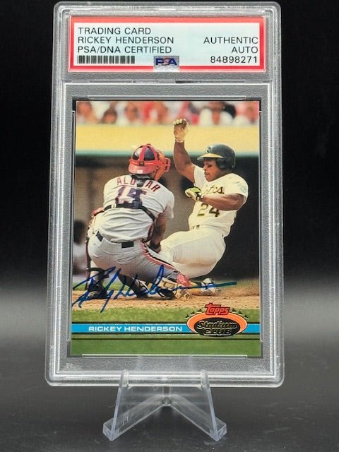 1991 RICKEY HENDERSON AUTO #120 TOPPS STADIUM CLUB (PSA AUTO) - Curators Corner LLC