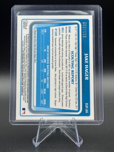 2011 Bowman Draft Picks & Prospects Jake Hager Chrome Prospects Autograph #BCAP - JHA Numbered 399/500 - Curators Corner LLC