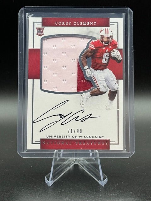 2017 Panini National Treasures Collegiate Rookie Card Corey Clement Game Worn Patch and Autograph Card #129 Numbered 71/99 - Curators Corner LLC