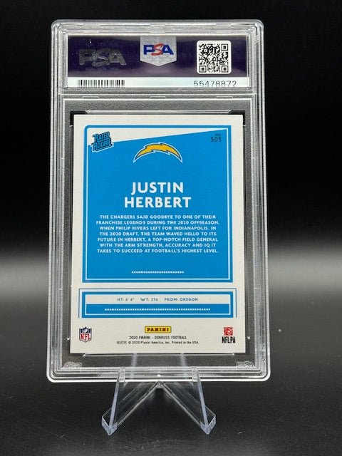 2020 Panini Donruss Justin Herbert Rookie Card #303 PSA 10 - Curators Corner LLC