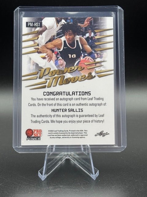 2021 - 22 Leaf Pro Set Power Moves Hunter Sallis Autograph Pre Rookie Card #PM - HS1 Numbered 77/99 - Curators Corner LLC
