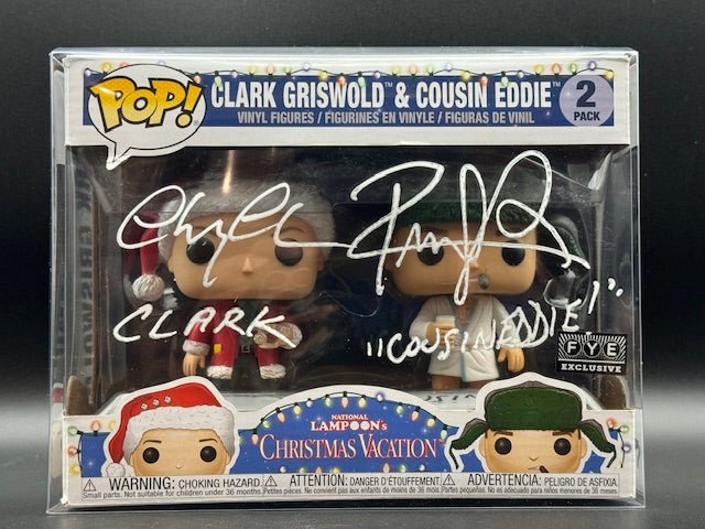 Chevy Chase and Randy Quaid Signed and Inscribed National Lampoon Christmas Vacation Clark and Eddie Two Pack Funko Pop - Curators Corner LLC