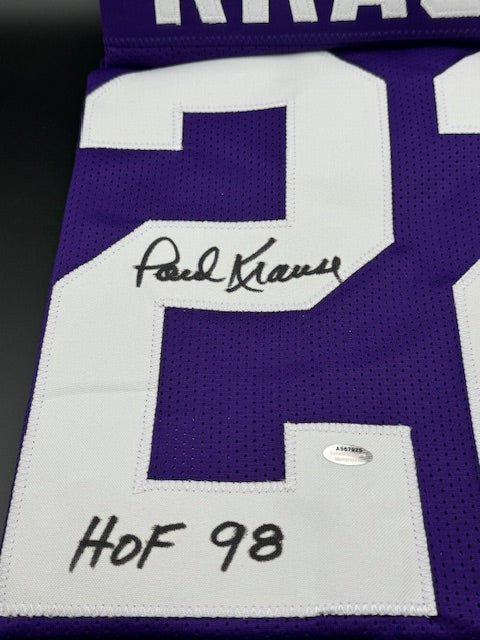 Paul Krause Signed and Inscribed Vikings Colors Custom Jersey - Curators Corner LLC