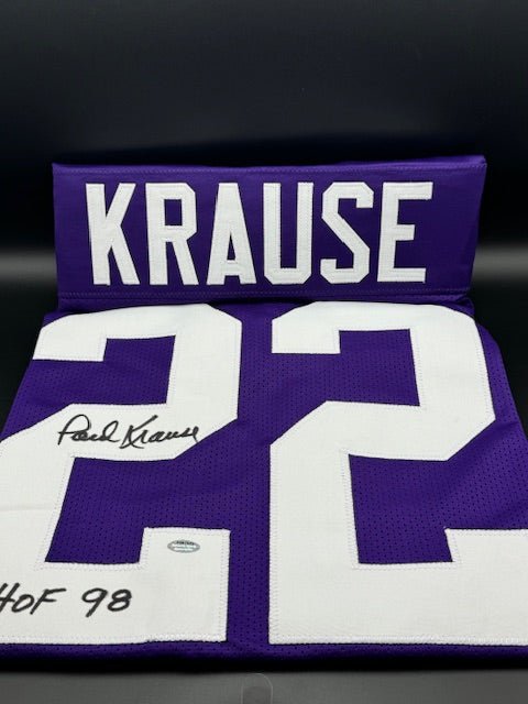 Paul Krause Signed and Inscribed Vikings Colors Custom Jersey - Curators Corner LLC