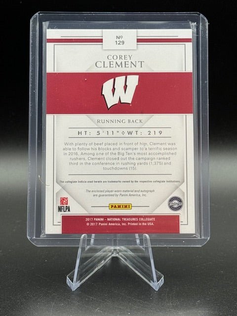2017 Panini National Treasures Collegiate Rookie Card Corey Clement Game Worn Patch and Autograph Card #129 Numbered 71/99 - Curators Corner LLC