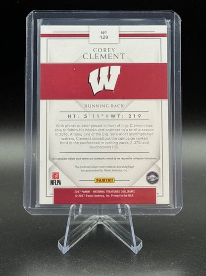 2017 Panini National Treasures Collegiate Rookie Card Corey Clement Game Worn Patch and Autograph Card #129 Numbered 71/99 - Curators Corner LLC