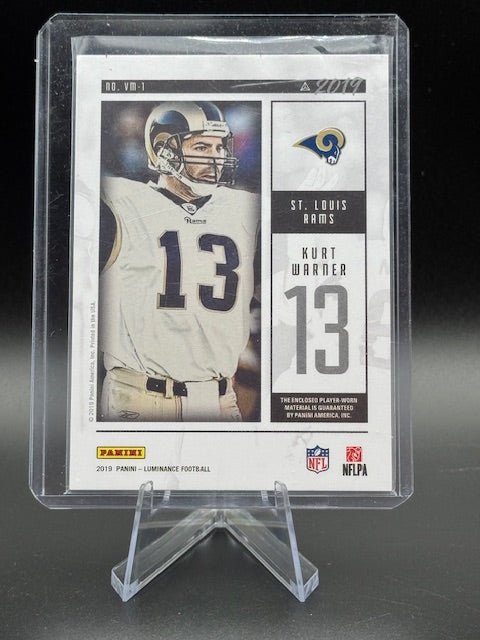 2019 Panini Luminance Vintage Materials Kurt Warner Player Worn Swatch Card #VM - 1 - Curators Corner LLC