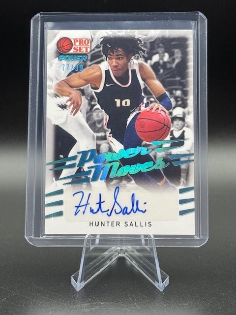 2021 - 22 Leaf Pro Set Power Moves Hunter Sallis Autograph Pre Rookie Card #PM - HS1 Numbered 77/99 - Curators Corner LLC