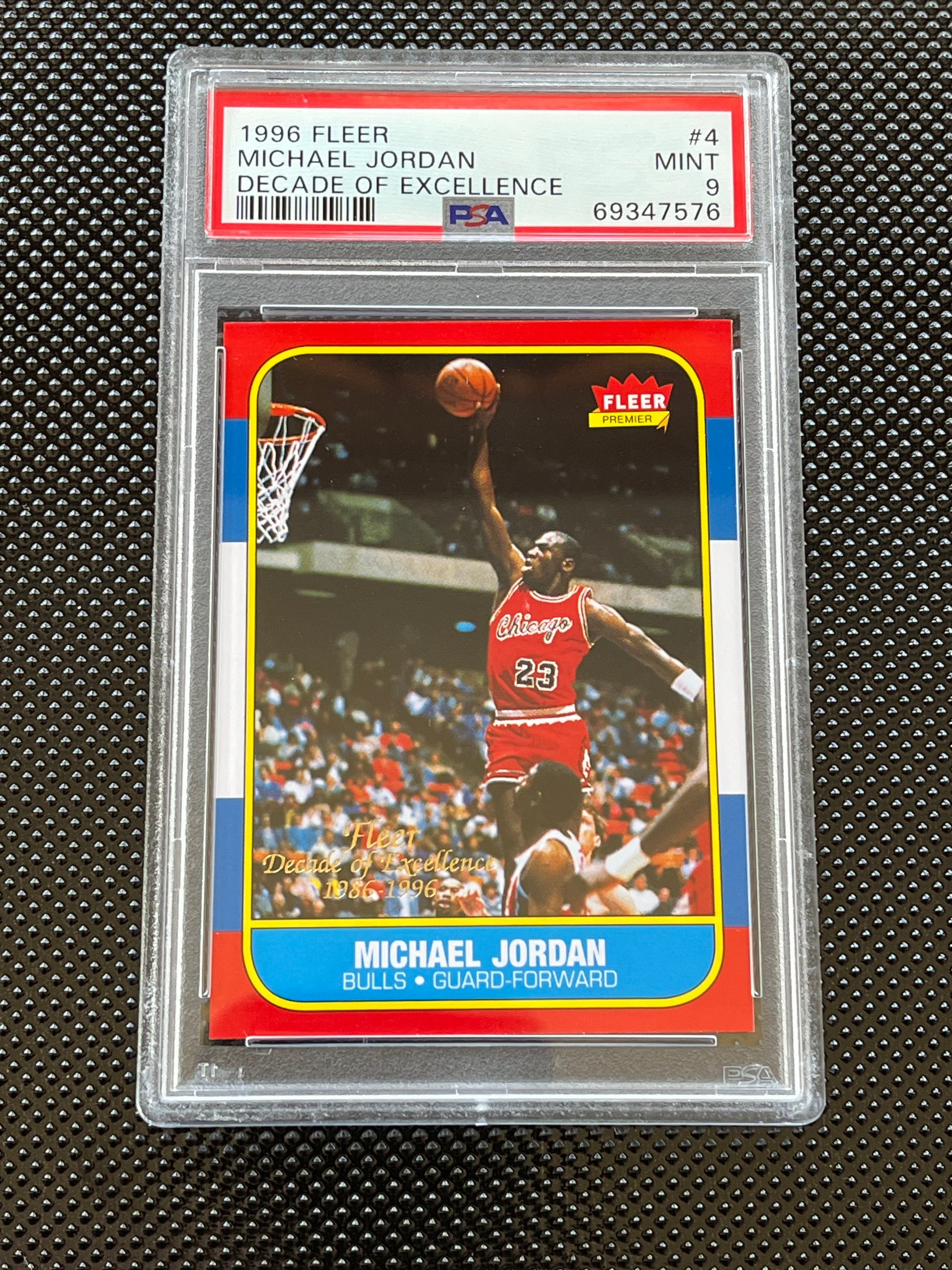 1996 DECADE OF EXCELLENCE MICHAEL JORDAN #4 GRADED PSA 9 MINT CARD CHICAGO BULLS #23 RED WHITE BLUE