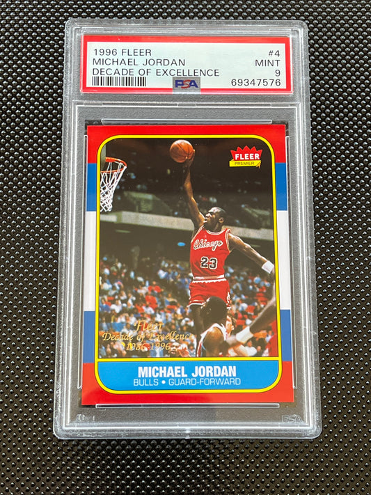 1996 DECADE OF EXCELLENCE MICHAEL JORDAN #4 GRADED PSA 9 MINT CARD CHICAGO BULLS #23 RED WHITE BLUE