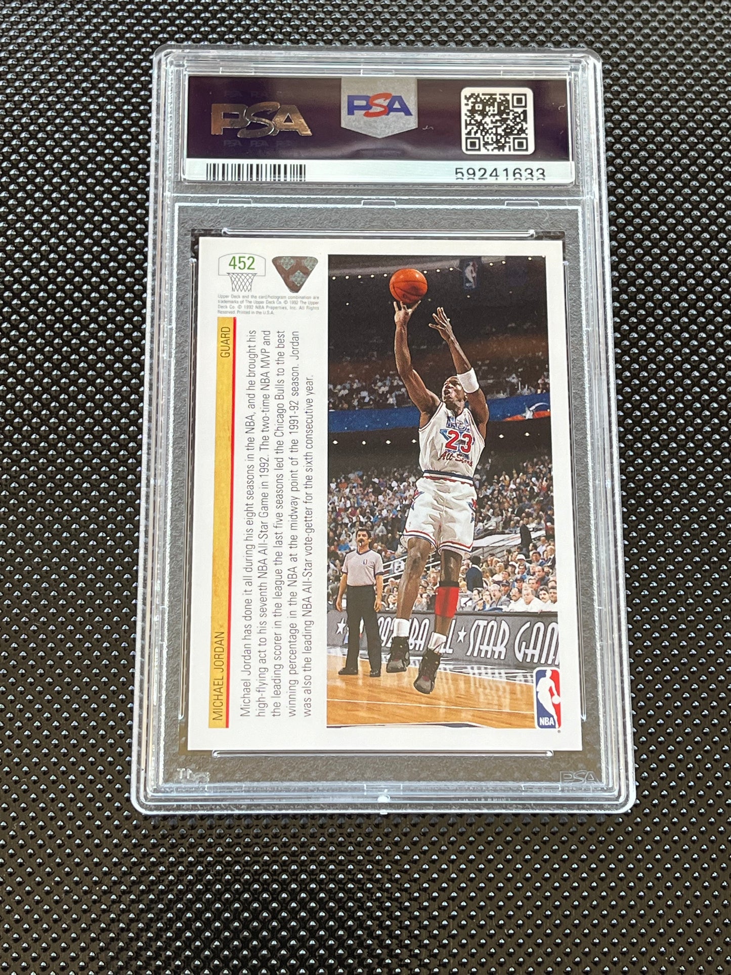 1991 UPPER DECK MICHAEL JORDAN #452 #23 ALL STAR WEEKEND ORLANDO JUMPSOT FADE AWAY PSA GEM MT 10