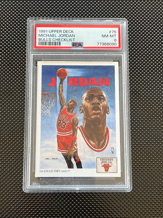 1991 UPPER DECK MICHAEL JORDAN BULLS CHECKLIST THE COLLECTORS CHOICE #75 CHICAGO BULLS #23 GRADED PSA NM-MT 8