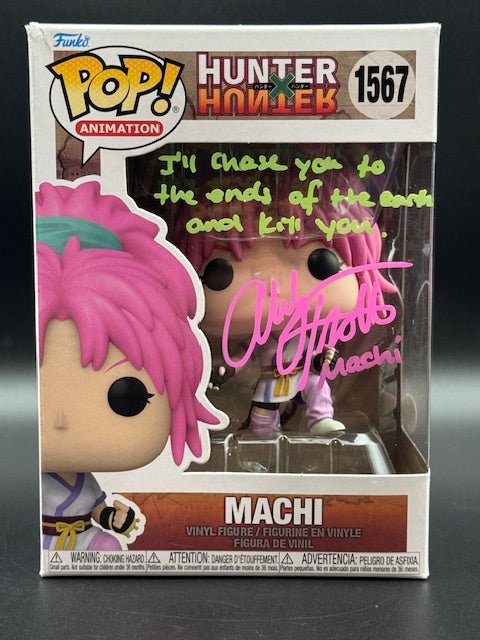 Abby Trott Signed "Hunter X Hunter" #1567 Machi Funko Pop! Vinyl Animation Figure With Quote & Character Name Inscriptions (JSA) - Curators Corner LLC