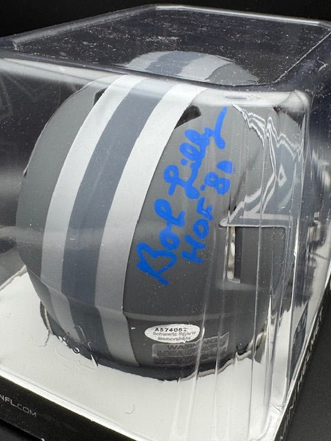 Bob Lilly Signed and Inscribed Cowboys Slate Riddell Speed Mini Helmet - Curators Corner LLC