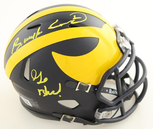 Braylon Edwards Signed Michigan Wolverines Speed Mini Helmet Inscribed "Go Blue!" (Beckett) - Curators Corner LLC