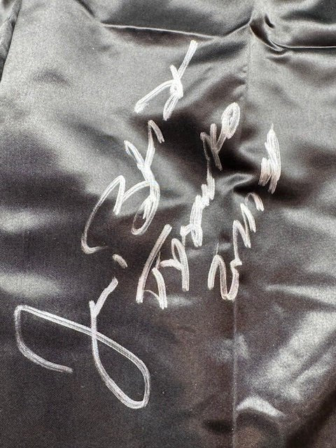 James Buster Douglas Signed and Inscribed Title Black and White Boxing Trunks - Curators Corner LLC