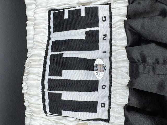 James Buster Douglas Signed and Inscribed Title Black and White Boxing Trunks - Curators Corner LLC