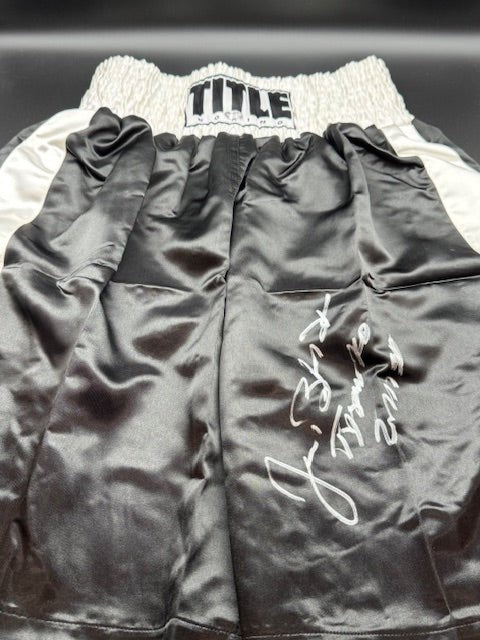 James Buster Douglas Signed and Inscribed Title Black and White Boxing Trunks - Curators Corner LLC