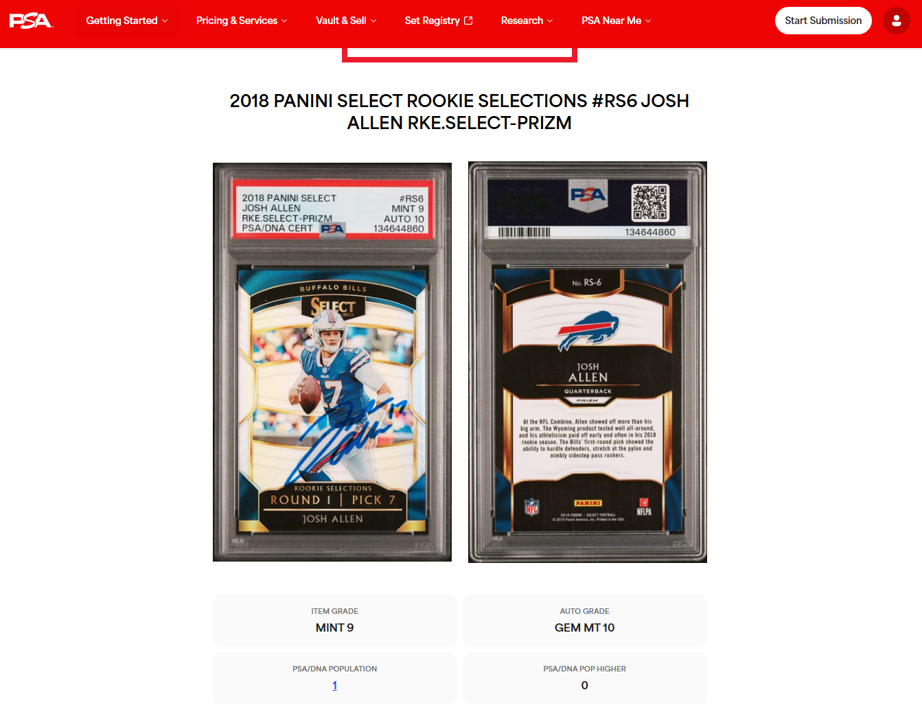 Josh Allen Signed 2018 Panini Select Rookie Prizm #RS-6 RC (PSA 9 | Auto 10) 1 POP