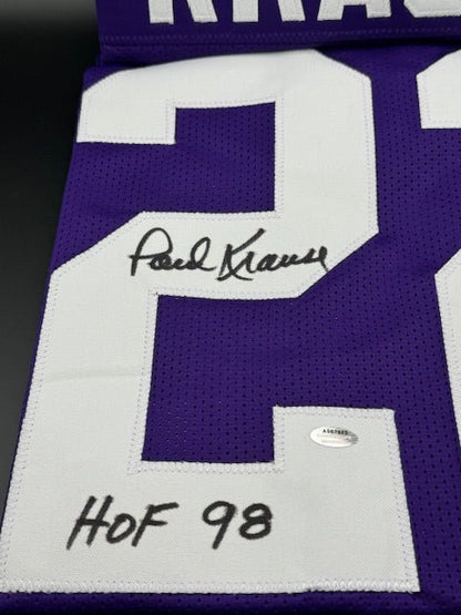 Paul Krause Signed and Inscribed Vikings Colors Custom Jersey - Curators Corner LLC