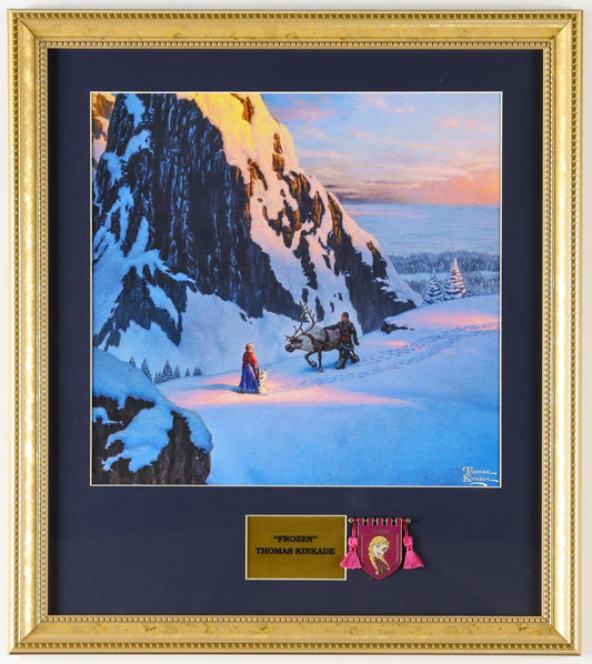 Thomas Kinkade "Frozen" Custom Framed Print Display with Princess Anna Tassel Banner Pin - Curators Corner LLC